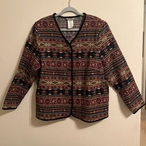 Stonebridge Women's Aztec Tapestry Cardigan Jacket 1X Navy Maroon 100%  Cotton